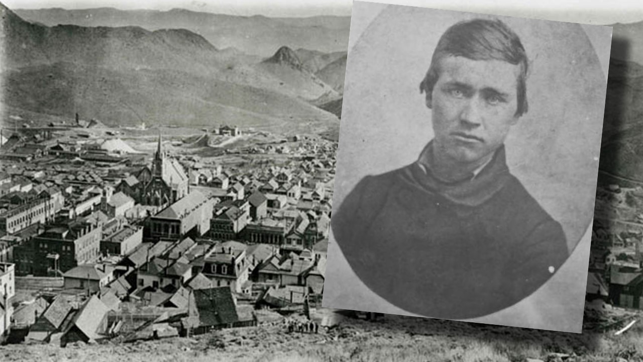 Photo of man superimposed over photo of mountains and a town.
