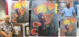 An inmate holds his painting and a chaplain stands beside it in another photo.