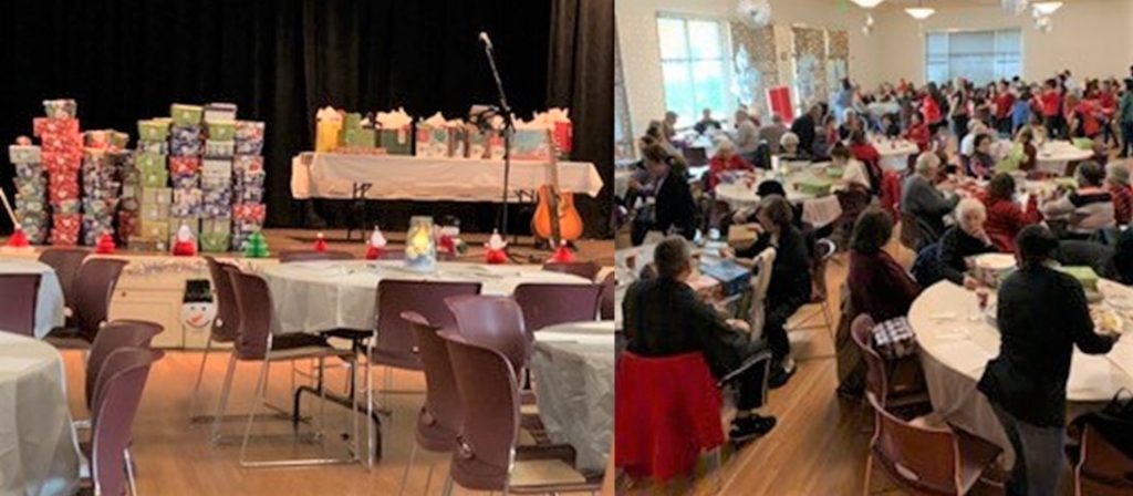Two photos show a table full of gifts and a room of senior citizens.