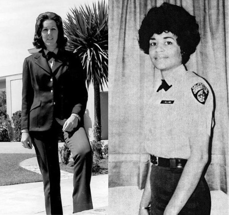 Two women in California prison officer uniforms.