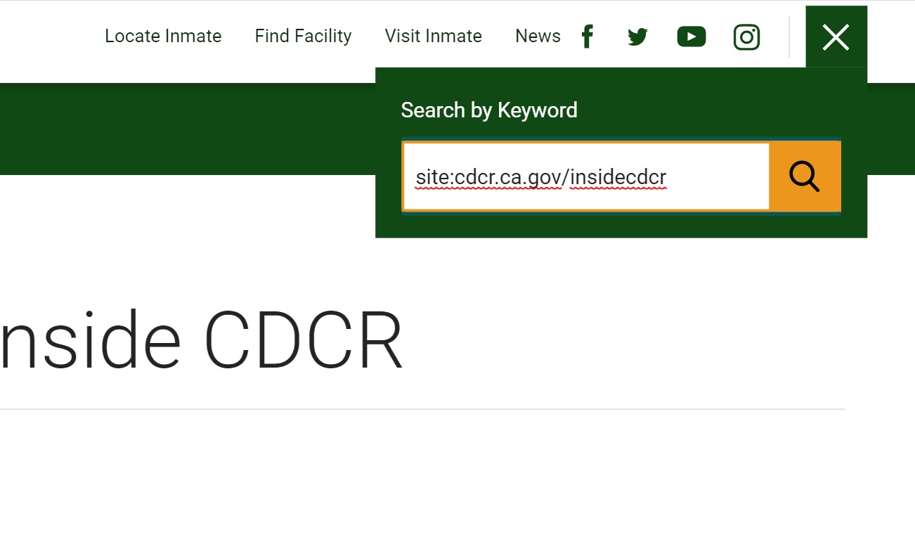 A screenshot of how to search for specific items on Inside CDCR.