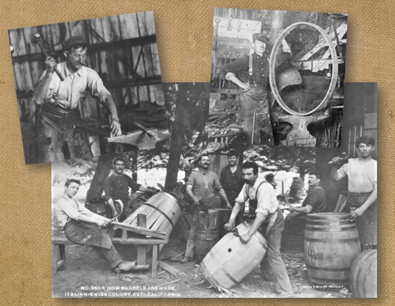 Photos of blacksmith and wheelwright are show with a photo of barrel makers.