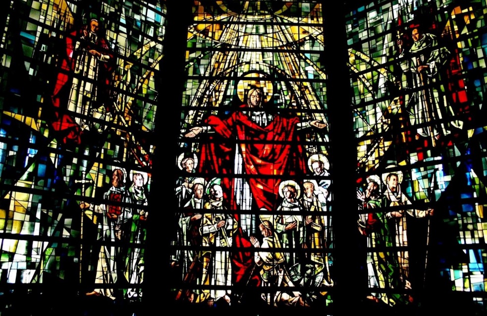 Stained glass featuring religious figures.