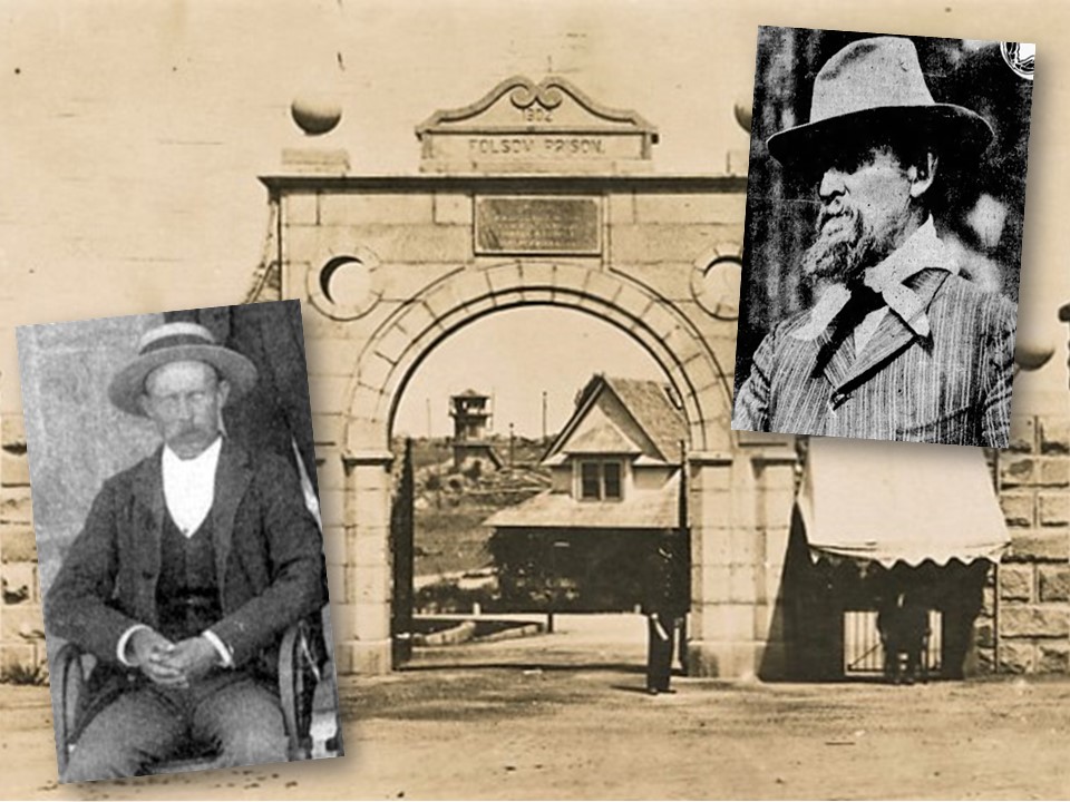 A prison gate in the background with two grainy photos of a prison guard.