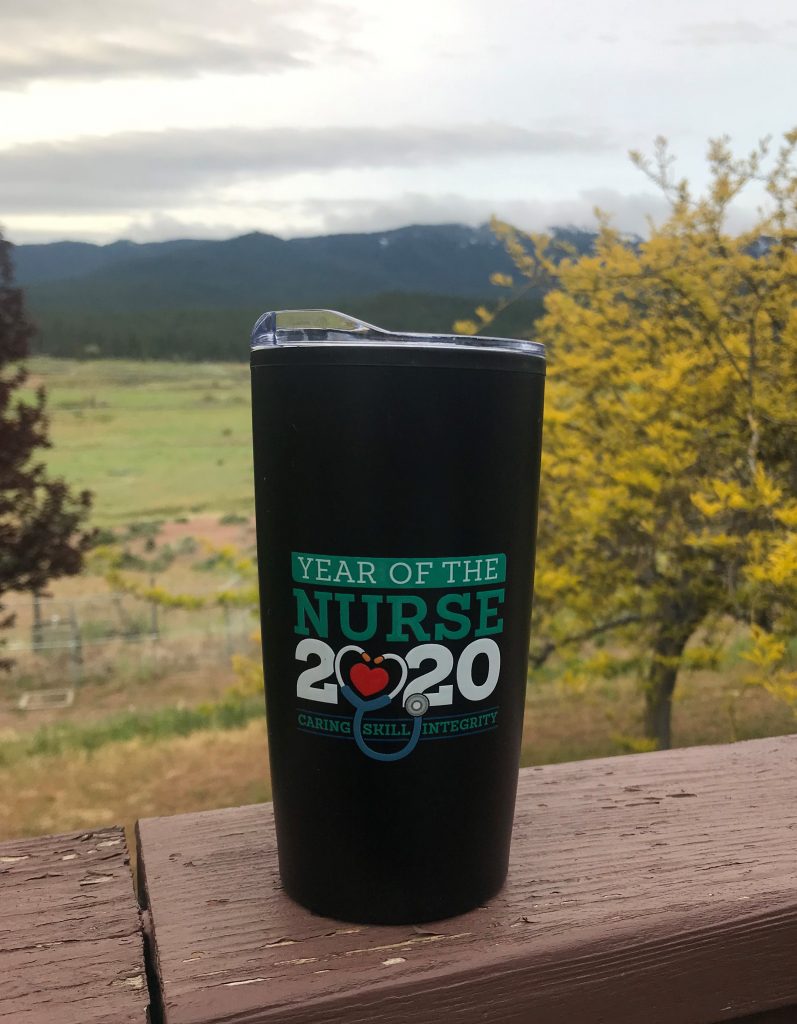 A mug with the words Year of the Nurse 2020.