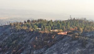 Conservation camp sits atop a hill with burned out areas surrounding it.