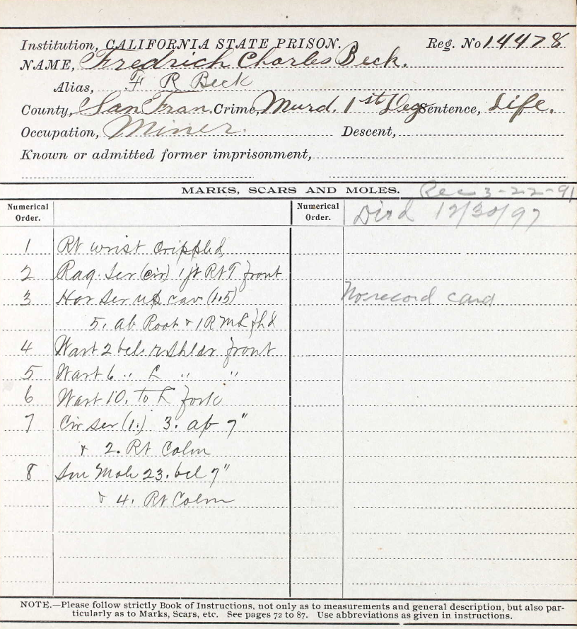 Frederick Charles Beck's San Quentin inmate file.