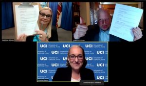 Three people in a video conference include CDCR Secretary Allison and UC Irvine Chancellor Howard Gillman.