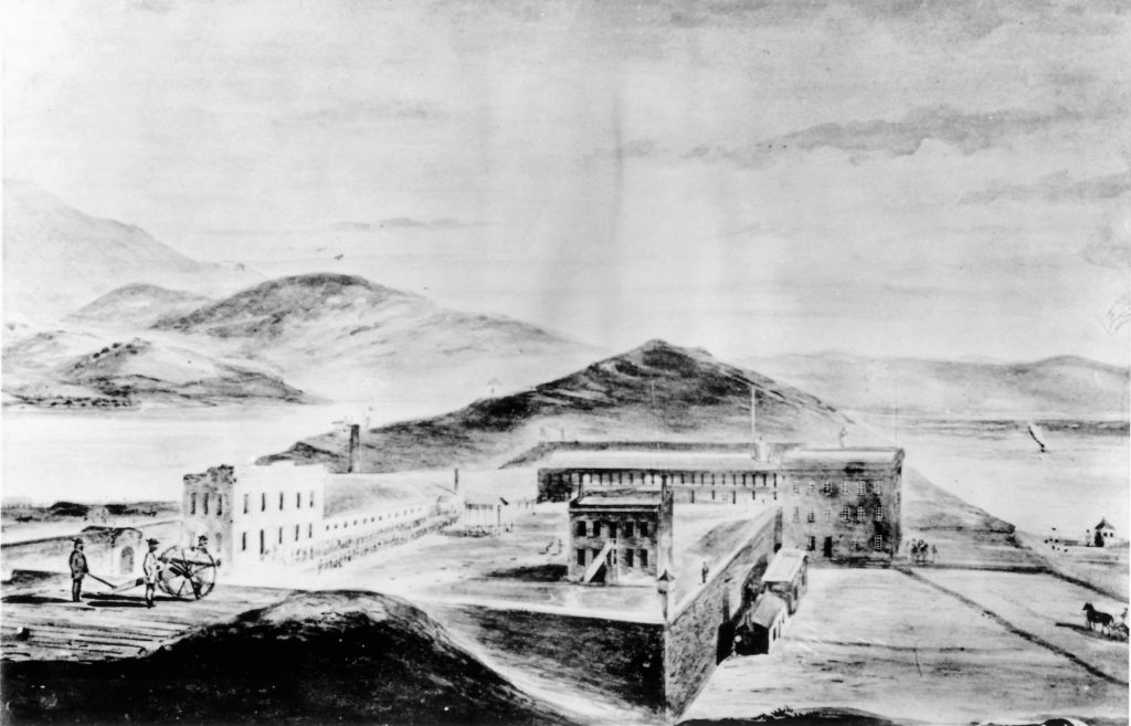 Sketch of San Quentin prison in the 1870s shows a cannon, buildings, water and hills.