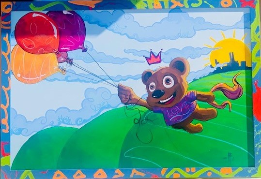 A painting of a bear holding balloons.