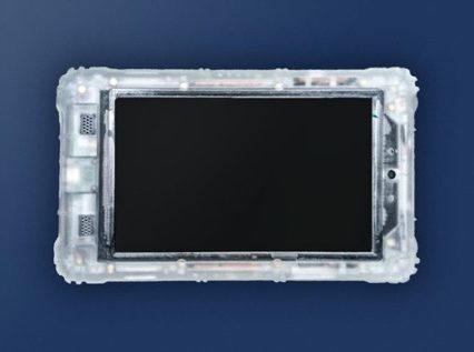 A tablet with a rubberized case.