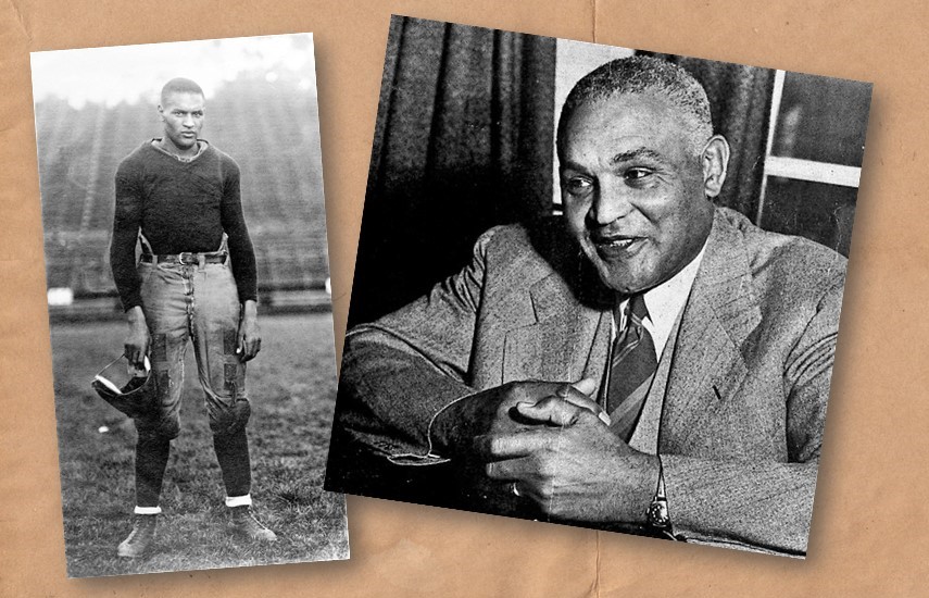Photo of Walter Gordon in 1918 football uniform and a photo taken later of him sitting at a desk.