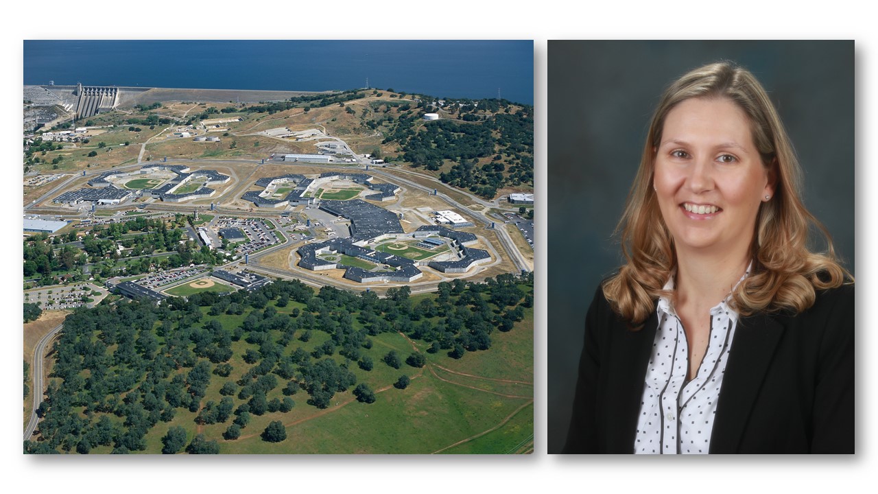 Woman smiles at camera while other photos shows aerial view of a prison and Folsom Lake.