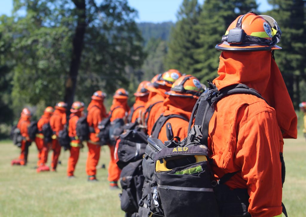 Firefighters in full gear stand in a line.