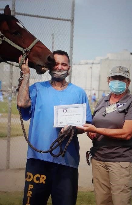 Horse tries to nibble inmate's face mask.