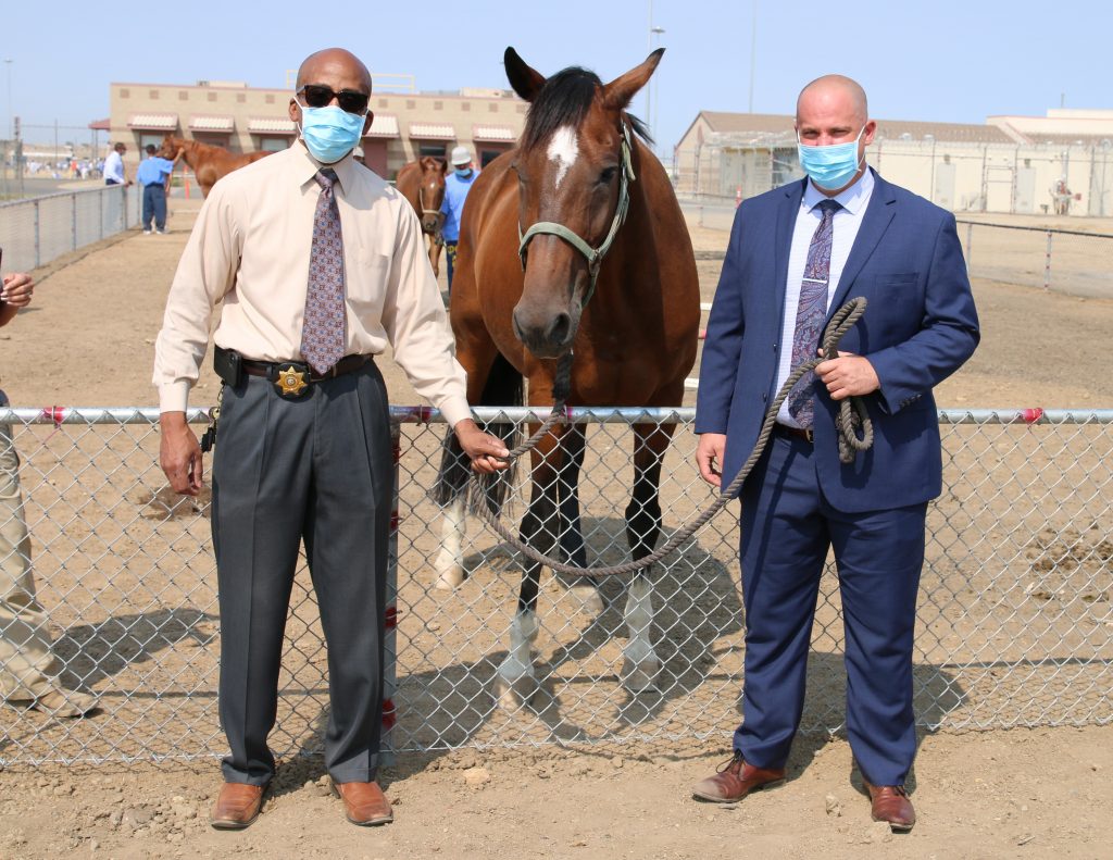 Two men and a horse in a prison yard.