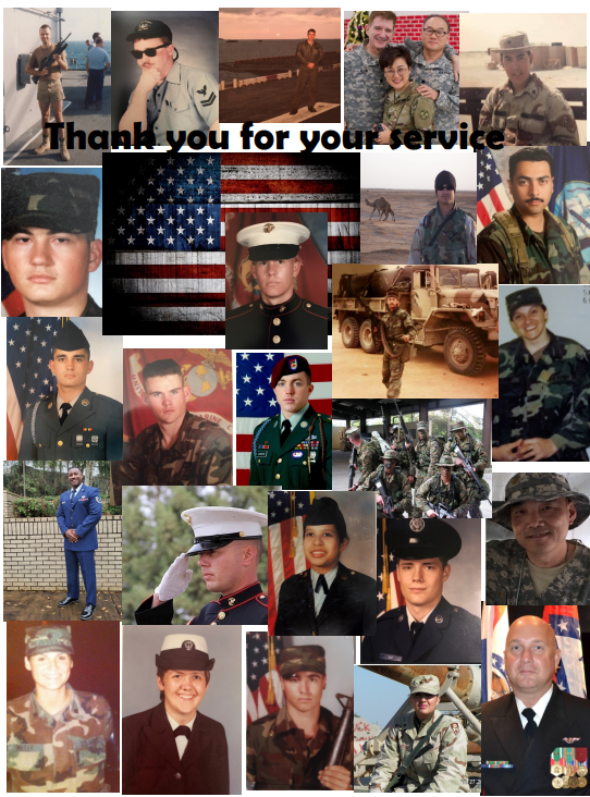 Photo collage of Avenal prison veterans with words Thank You for Your Service. 