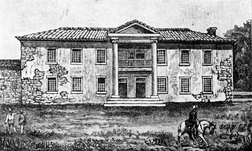 Sketch of two-story Colton Hall building.