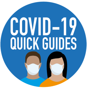 COVID-19 quick guides logo with two people wearing masks.