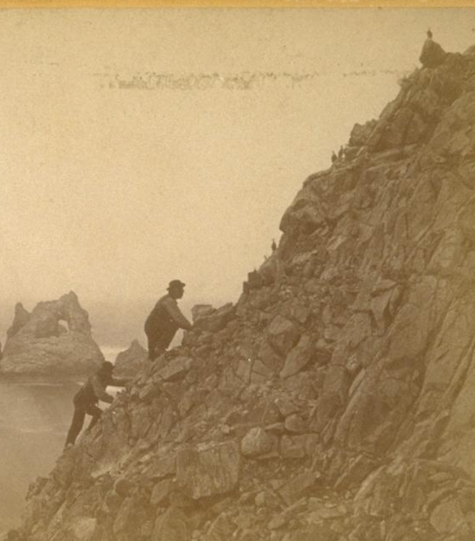 Men climb a cliff searching for eggs.