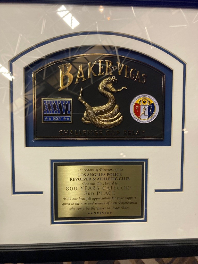 Plaque with Baker to Vegas logo recognizing third place team