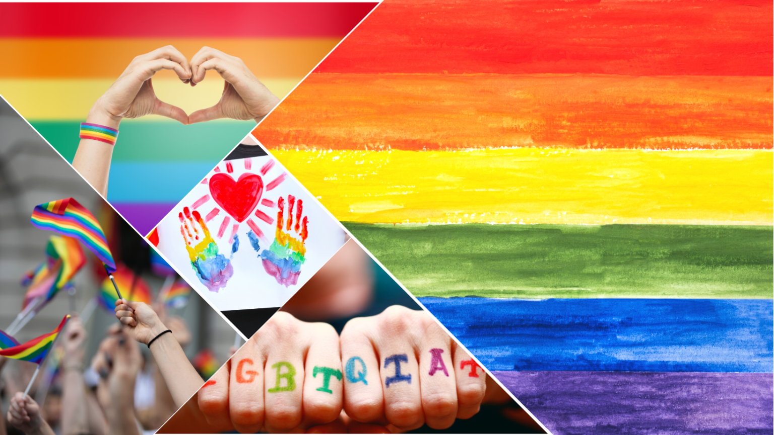 Collage of pride-themed images: A rainbow, hands with a rainbow background forming a heart, hand prints in rainbow paint