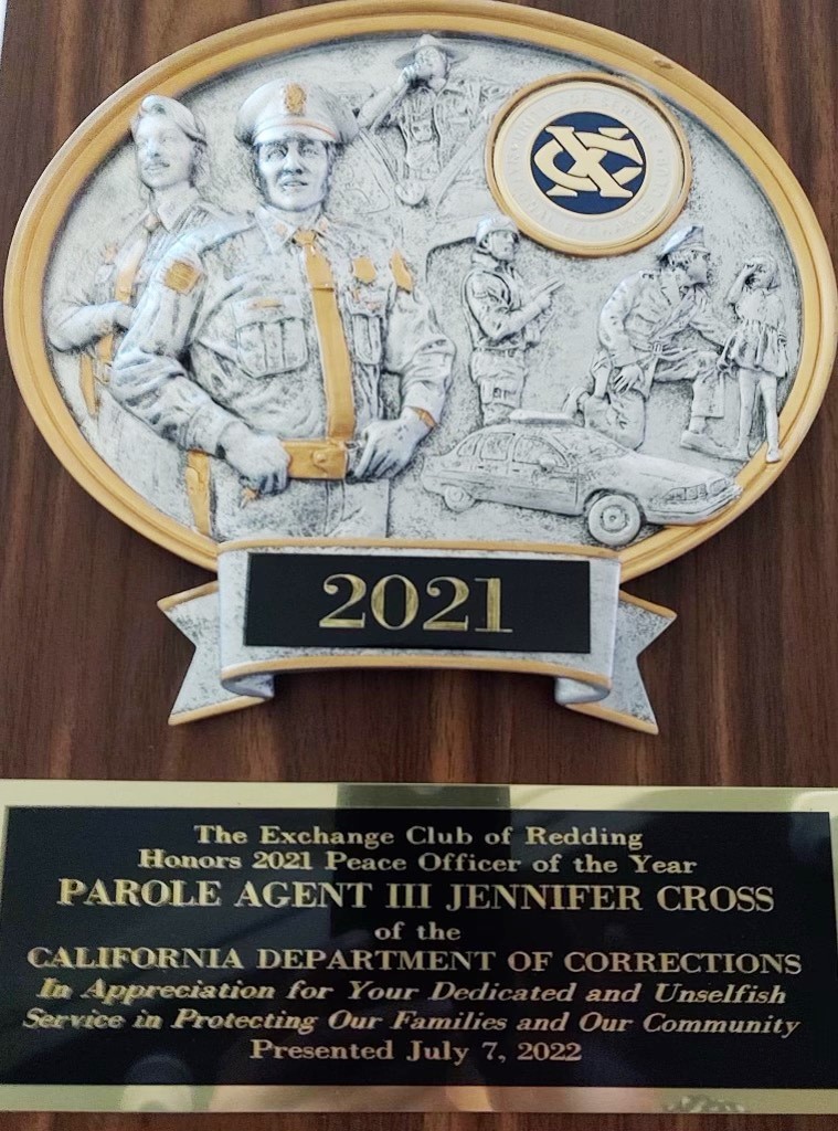 Peace Officer of the Year award with words Parole Agent III Jennifer Cross.