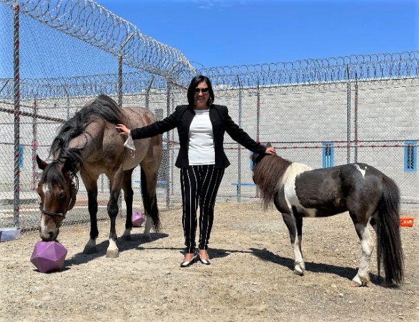 Woman in prison yard with two horses.