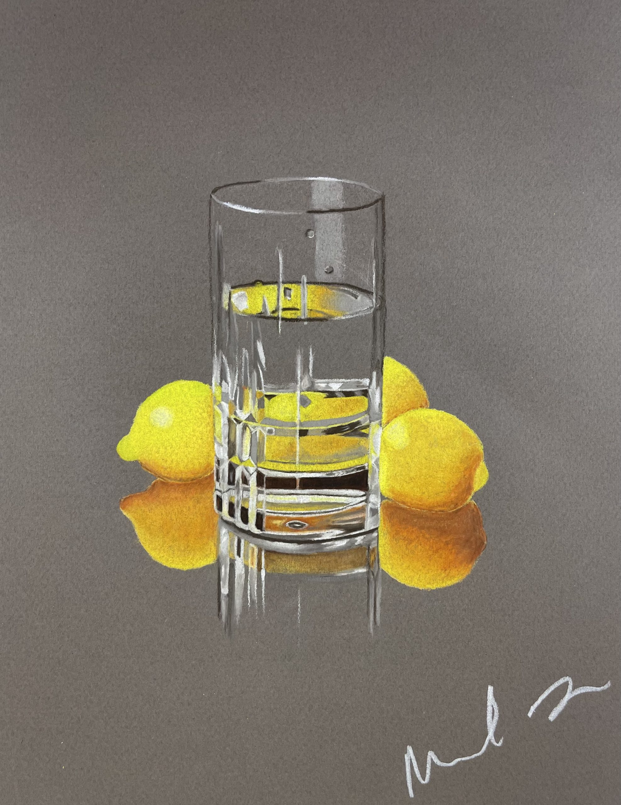 Artwork of lemons with a glass of water.