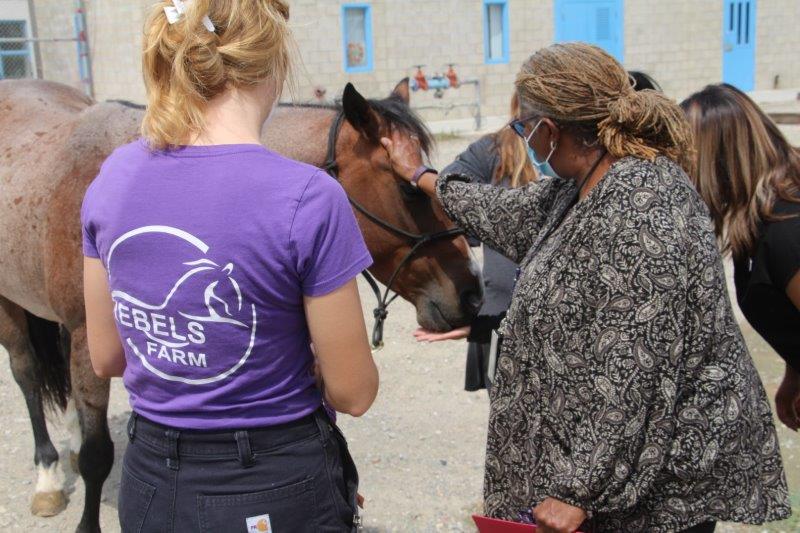 Therapy horse with two women at a prison.