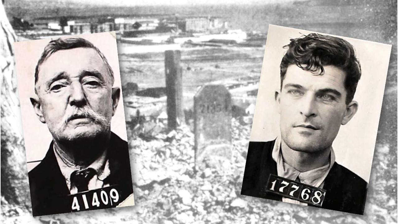 San Quentin cemetery with two mug shots overlaying it.