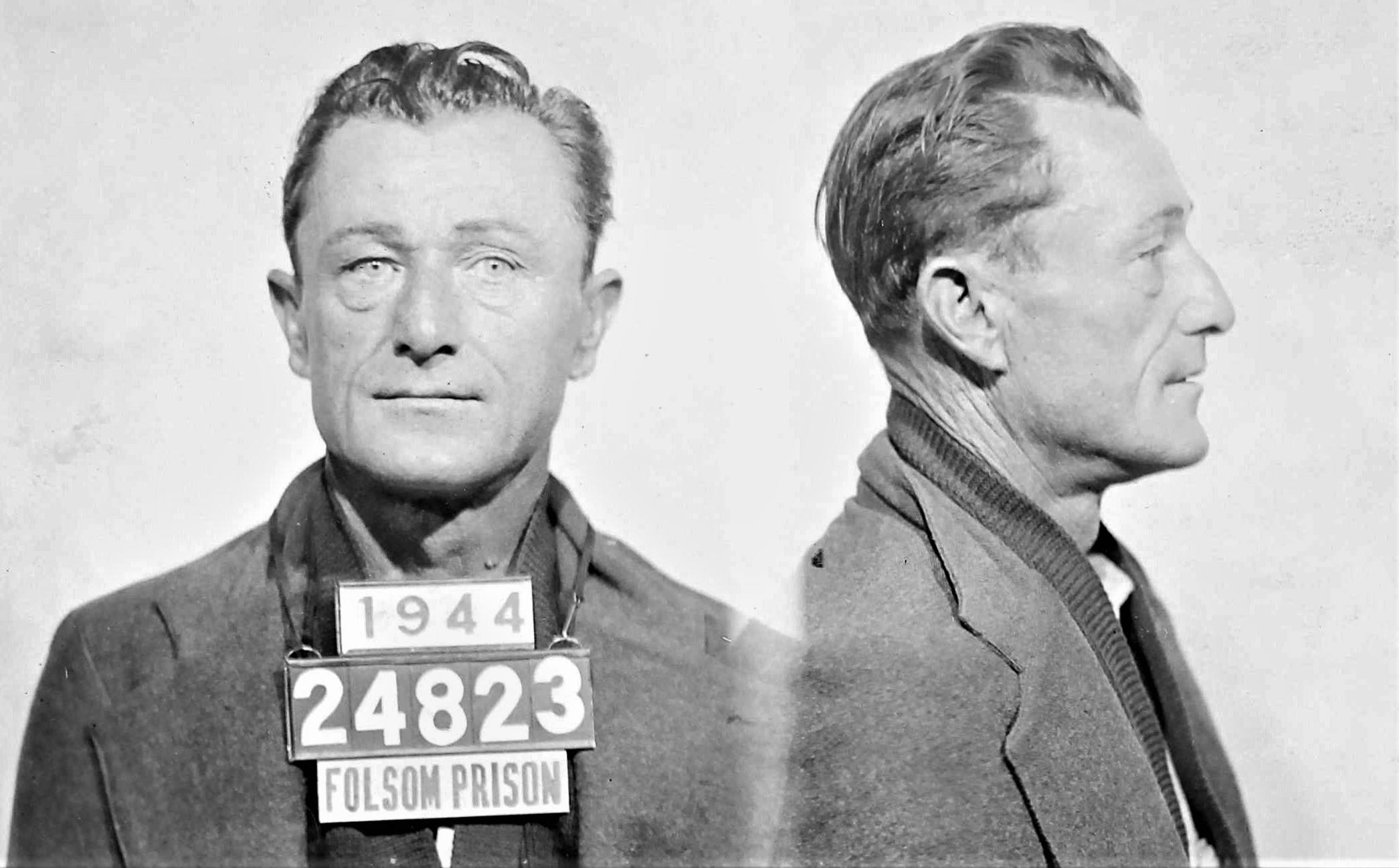Man looking front and side with 1944, Folsom Prison and number 24823.