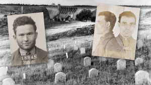 Folsom Prison Cemetery with two mugshots overlaid.
