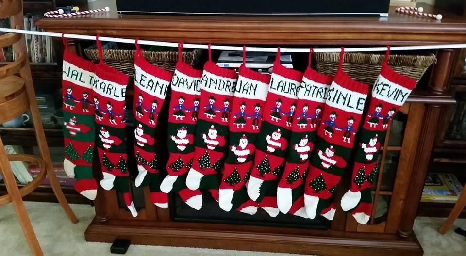 Knitted holiday stockings.