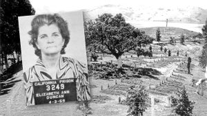 Mugshot of last of four women (Elizabeth Duncan, 3249) executed in California with the San Quentin cemetery in the background.