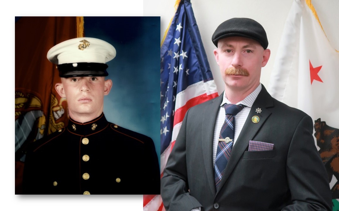 Man in Marine Corps uniform in 1998 and a modern photo of same man in front of flags.