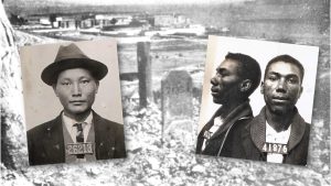Prison cemetery with images of two men superimposed.