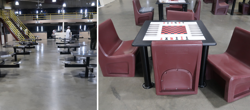 A before shot of metal tables and an after shot of comfortable game tables