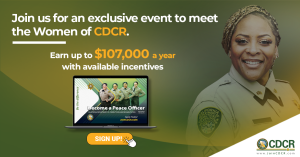 Graphic advertising event featuring women peace officers. A woman in a correctional officer uniform.