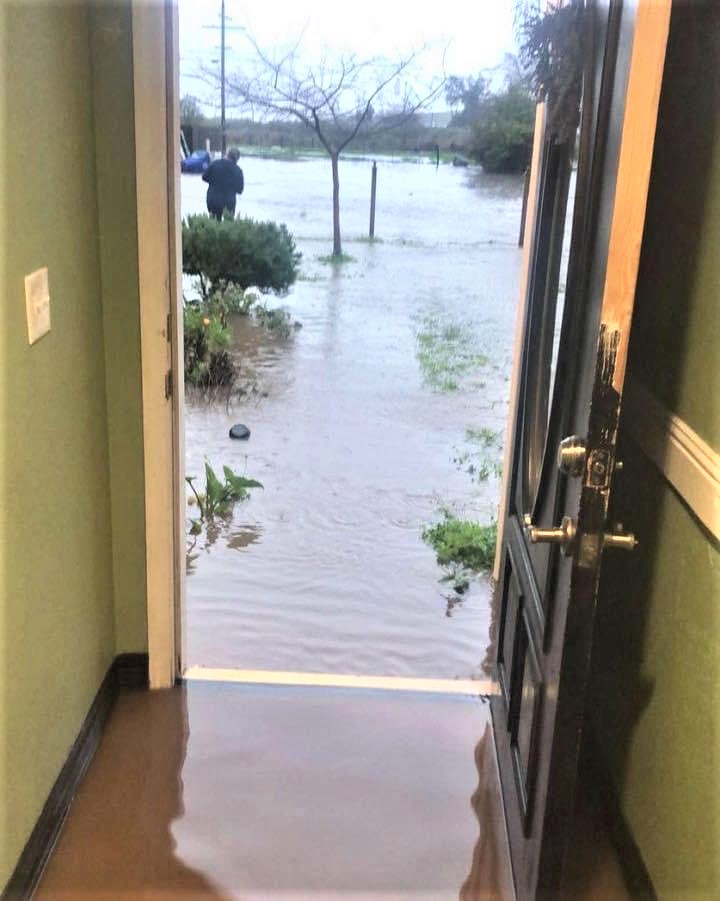 A door of a house opens to reveal water flooding.