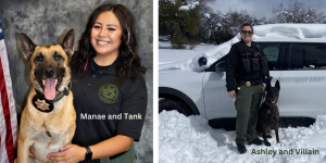 Two women K-9 teams with the words Manae and Tank, Ashley and Villain.
