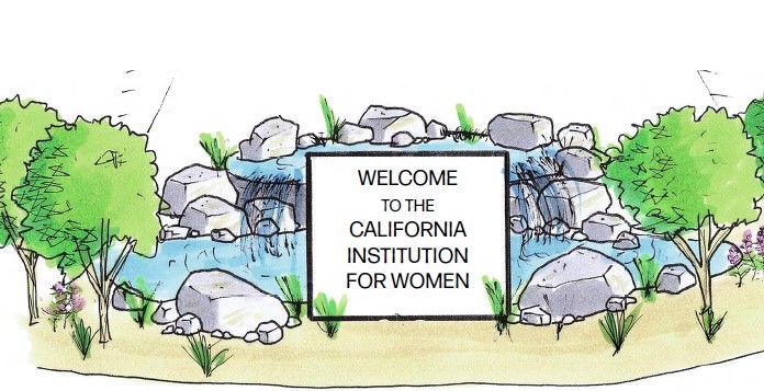 Landscape design for California Institution for Women (CIW) with rocks and waterfalls as well as the entrance sign.