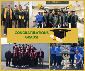 CDCR photo collage of incarcerated student graduations with the words Congratulations Grads.