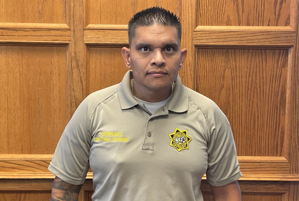 A CDCR lieutenant with the name S. Bermudez embroidered on his shirt.