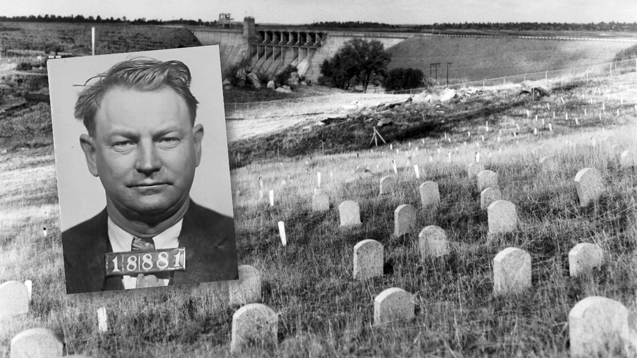 Cemetery Tales featured image of AL Cline, aka the Buttermilk Bluebeard. In the background is the Folsom prison cemetery, headstones and the Folsom dam.