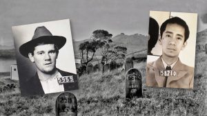 Photos of a cook and a teamster over an 1890s photo of San Quentin prison cemetery.