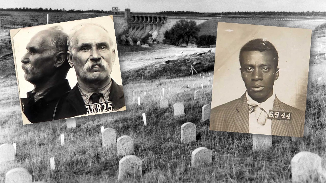 Folsom prison cemetery and Folsom dam in the background with mugshots of Zoberst and John Young overlaying the background image.