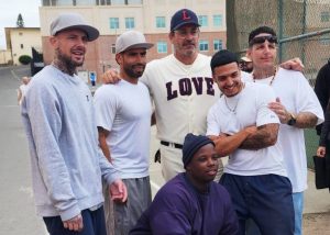 Jon Hamm with five incarcerated men at San Quentin Rehabilitation Center.