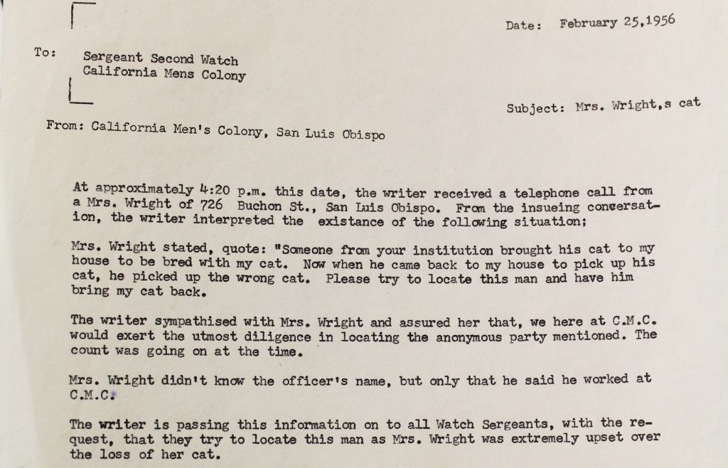 CMC great cat caper of 1956 memo discusses Mrs. Wright and her lost cat.