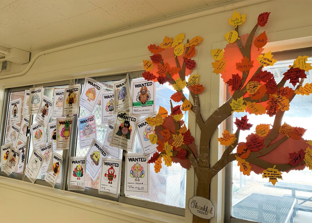 A paper gratitude tree with wanted posters featuring turkeys colored by children.